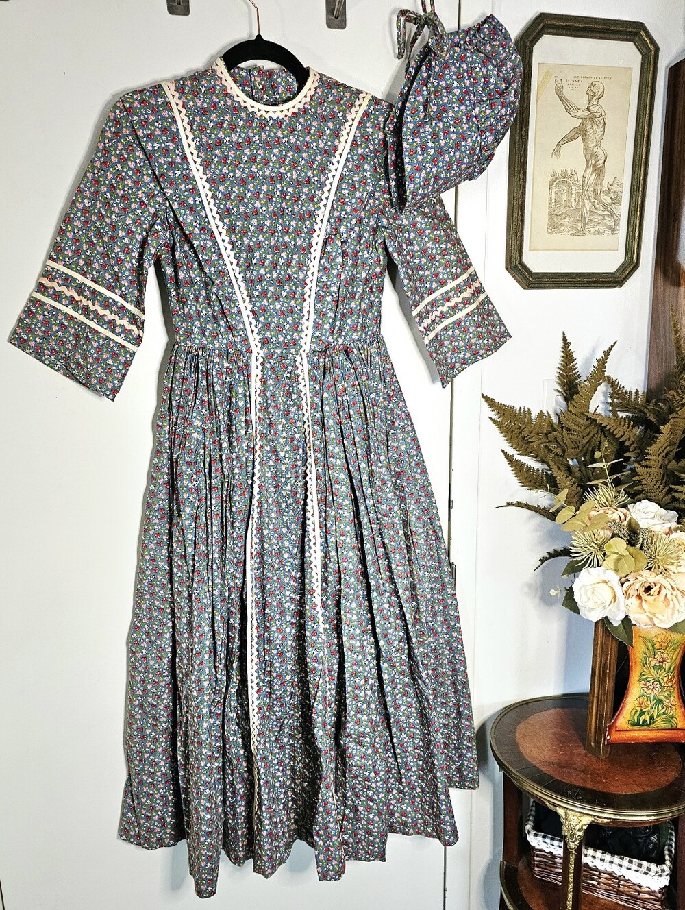 Handmade Vintage Prairie Maxi Dress & Matching Bonnet Floral Cottagecore 70s